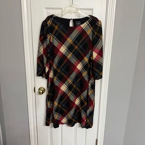 JH Plaid 3/4 Sleeve Dress with pockets- Black, Red, Tan plaid
